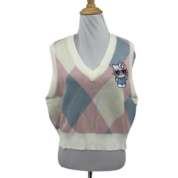 Hello Kitty Sweater Womens L Large Pastel Sanrio Kitty Sleeveless Argyle Vest - Picture 1 of 11